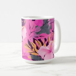 Caneca De Café Hibisco Rosa Tropical - Design Floral Folha