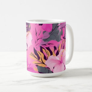 Caneca De Café Hibisco Rosa Tropical - Design Floral Folha