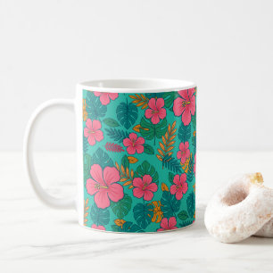 Caneca De Café Hibisco Tropical e Padrão de Folha de Palmeira