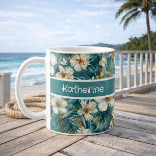 Caneca De Café Hibisco Tropical Floral Teal Personalizado