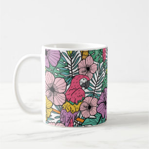 Caneca De Café hibisco tropical, palma, padrão de papagaios.