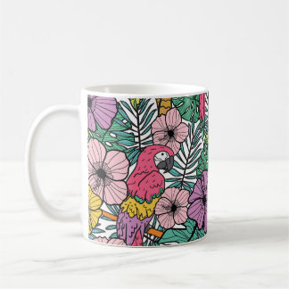 Caneca De Café hibisco tropical, palma, padrão de papagaios.