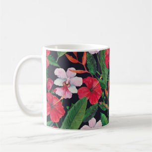 Caneca De Café hibisco vermelho, orquídeas, aquarela tropical.