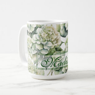 Caneca De Café Hídrangas florais de cor branca esverdeada Elegant