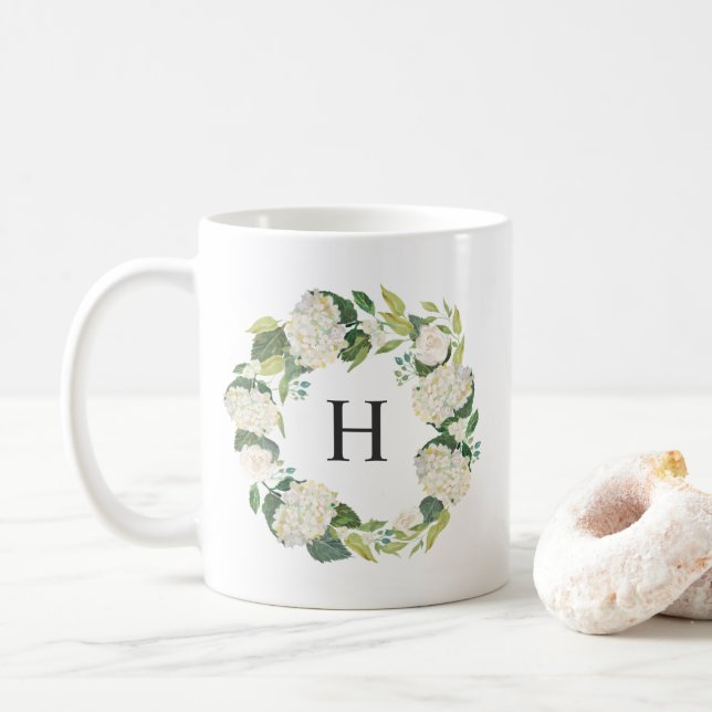 Caneca De Café Hidrópsia Branca Flores Vermelhos Monograma (Com Donut)