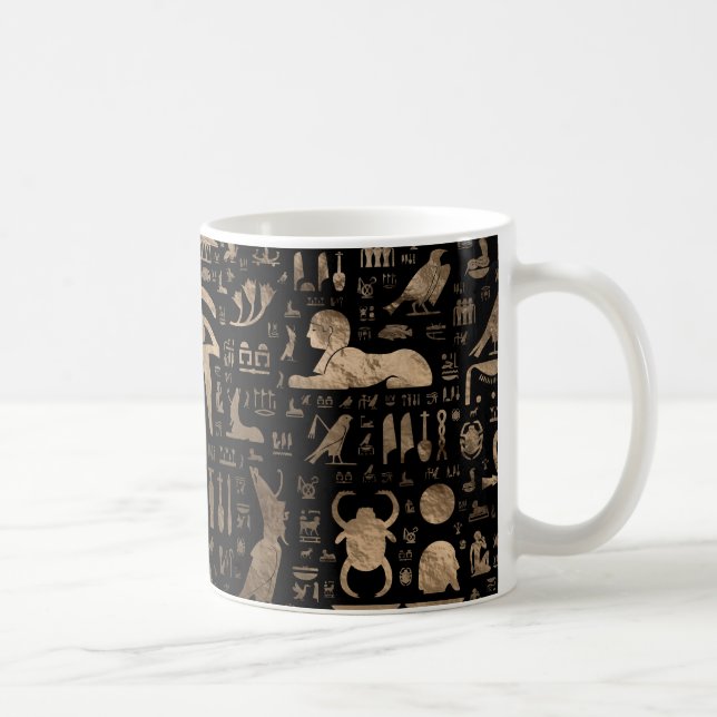 Caneca De Café Hieroglyphs egípcios antigos - preto e ouro (Direita)