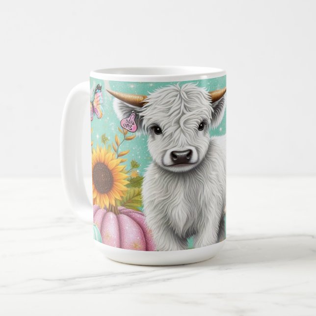 Caneca De Café Highland Calf Amidst Autumn Pumpkins e Sunflower (Frente Esquerda)