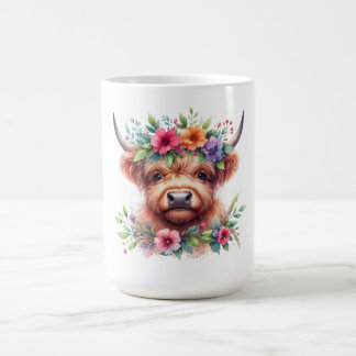 Caneca De Café Highland Cow Head with Floral Crown – Rustic Farmh