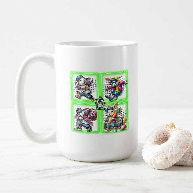 Caneca De Café Hip Hop Easter Bunny Buddies, Música, Neon Green | (Com Donut)