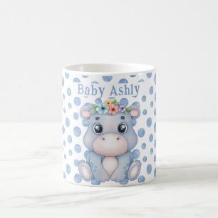 Caneca De Café Hipopótamo fofo com nome de bebê bolinhas azuis