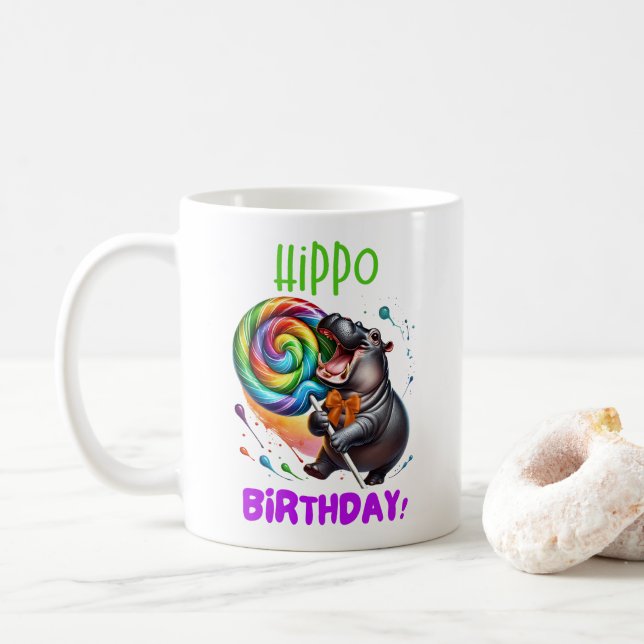 Caneca De Café Hippo Birthday Cheerful, Colorida Nadadora | (Com Donut)