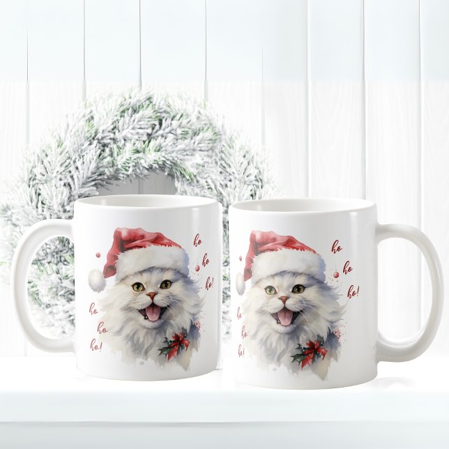Caneca De Café Ho Ho! Papais noeis Engraçados (Funny Cute white cat with Santa Hat Mug)
