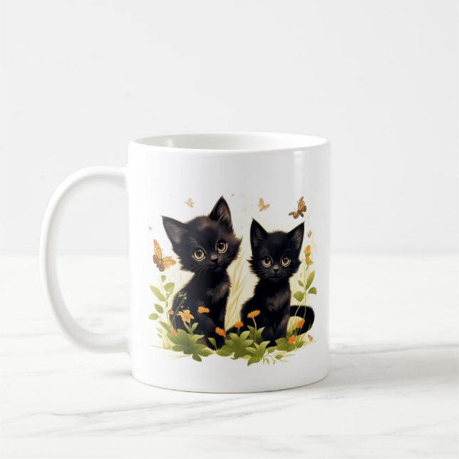 Caneca De Café Hoki & Koki Black Kittens no jardim Mug (Esquerda)