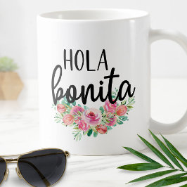 Caneca De Café Hola Bonita Rosas Espanholas Tipografia Chic Moder