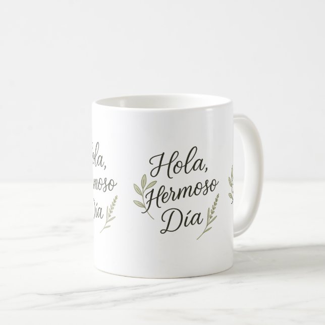 Caneca De Café Hola Hermoso Día – Caligrafía Orgánica & Botánica  (Frente Esquerda)