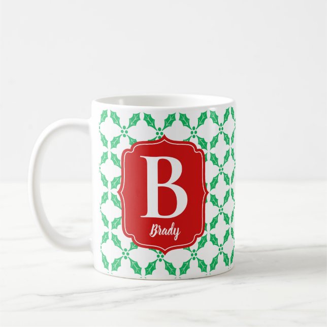 Caneca De Café Holly deixa o padrão vermelho e feriado verde (Esquerda)