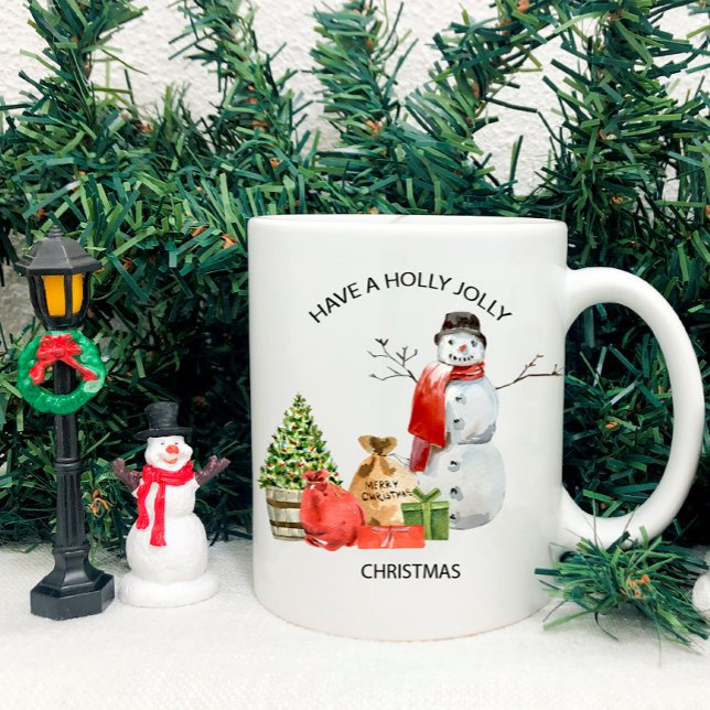 Caneca De Café Holly Jolly Christmas Snowman, Tree, Packages (Criador carregado)