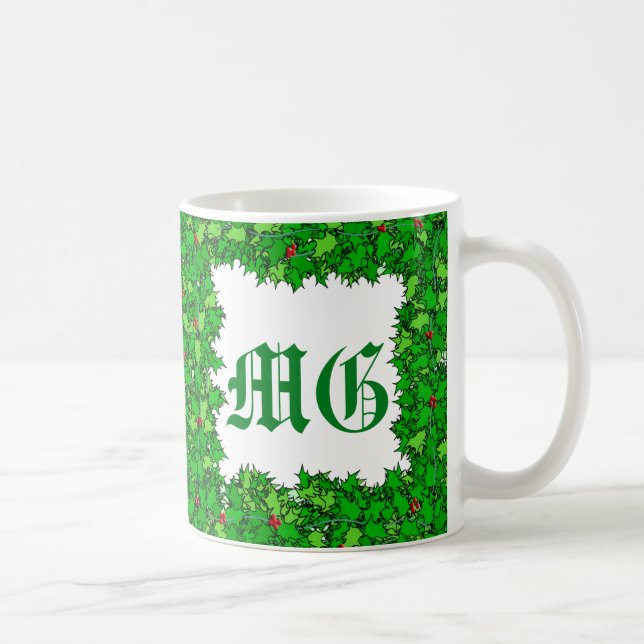 Caneca De Café Holly Wreath com Monograma, Verde Escuro (Direita)