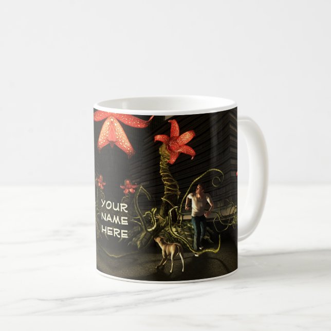 Caneca De Café Homem com cachorro escapando da cidade (Frente Esquerda)