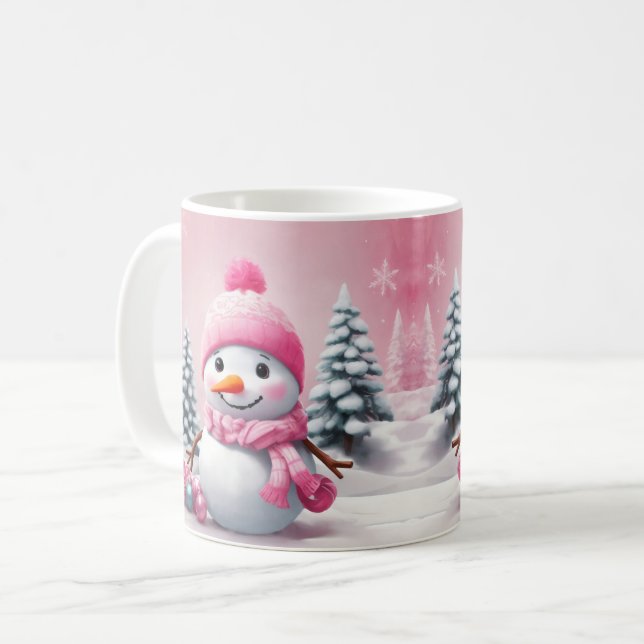 Caneca De Café Homem de Neve de Natal Rosa Personalizado (Frente Esquerda)