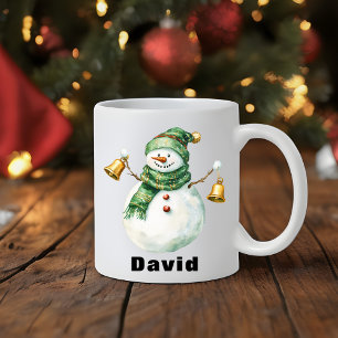 Caneca De Café Homem de Neve Verde de Natal com Sinos