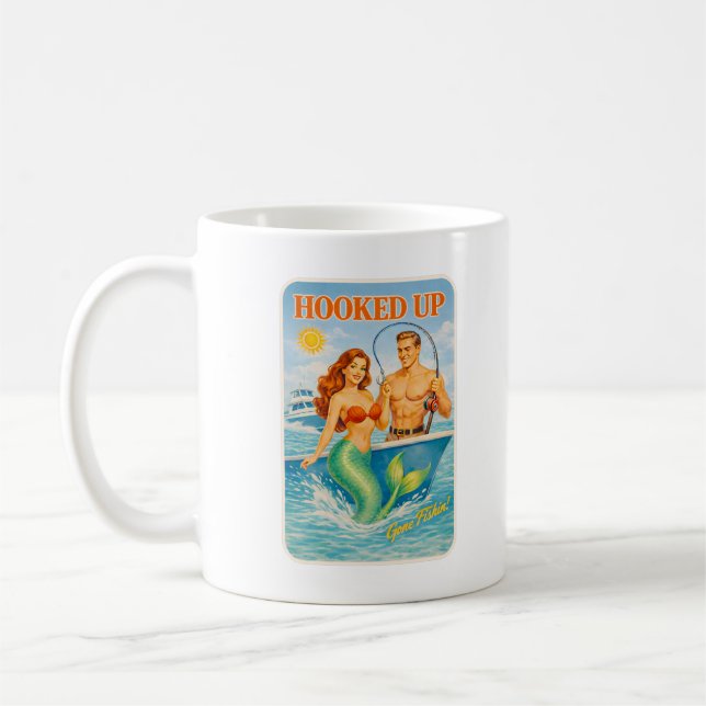 Caneca De Café Hooked Up Retro Pin-Up Mermaid | Coastal Fishing (Esquerda)