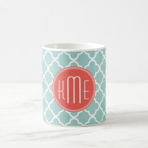 Caneca De Café Hortelã e Quatrefoil coral com monograma feito so