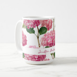 Caneca De Café Hortênsia Rosa Floral com Nome Personalizado
