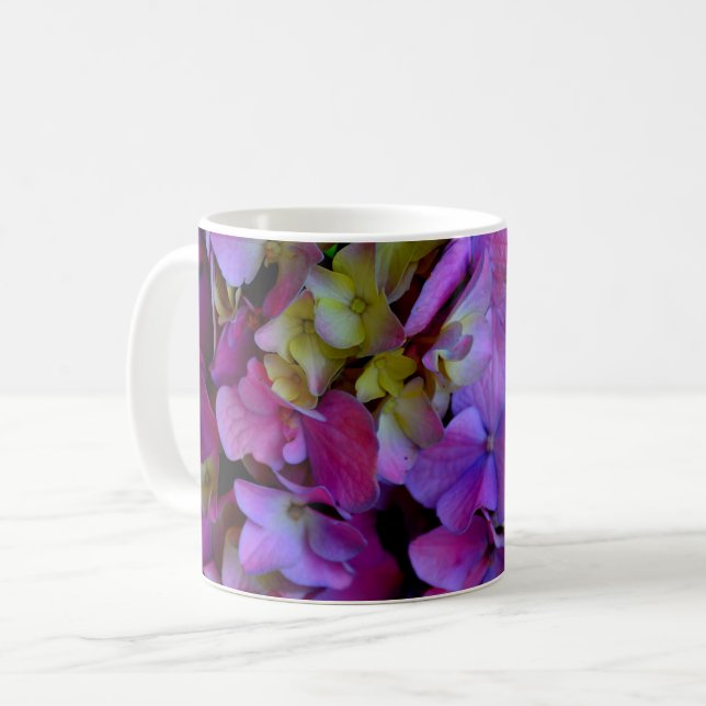 Caneca De Café Hortênsias flores roxas magenta azul amarelo (Frente Esquerda)