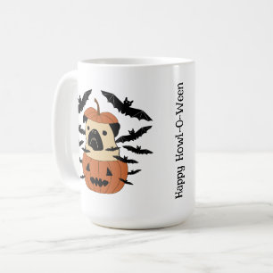Caneca De Café Howl-O-Ween Pug num Jack-O-Lanterna com Bats