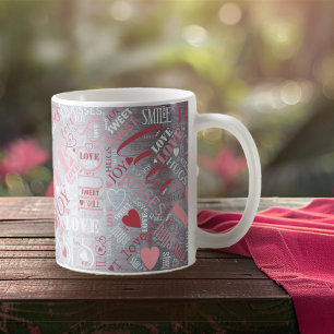 Caneca De Café Hugs e Kisses Word Cloud Pink/Silver ID286