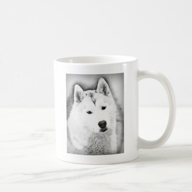 Caneca De Café Husky Siberiano Branco com Olhos Azuis - Desenho d (Direita)