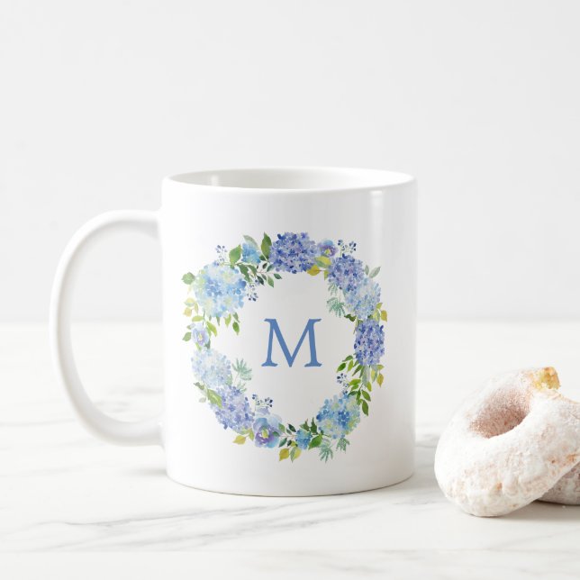 Caneca De Café Hydrangea Floral Wreath Monograma Café Mug (Com Donut)