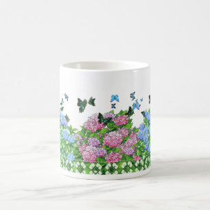 Caneca De Café Hydrangeas de Mug e Borboletas Rosa, Azul, Verde