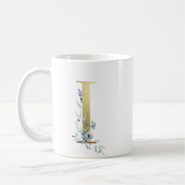 Caneca De Café I ouro inicial com folhagem floral azul