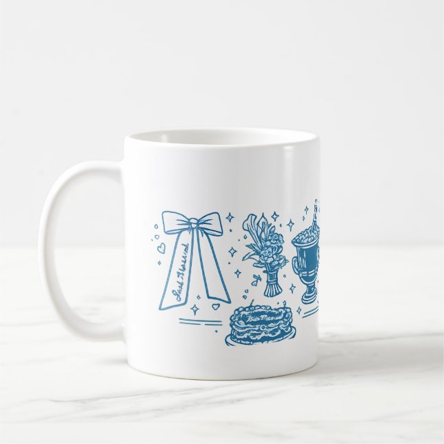 Caneca De Café Ícones de Colagem de Celebração de Casamento Azul  (Esquerda)