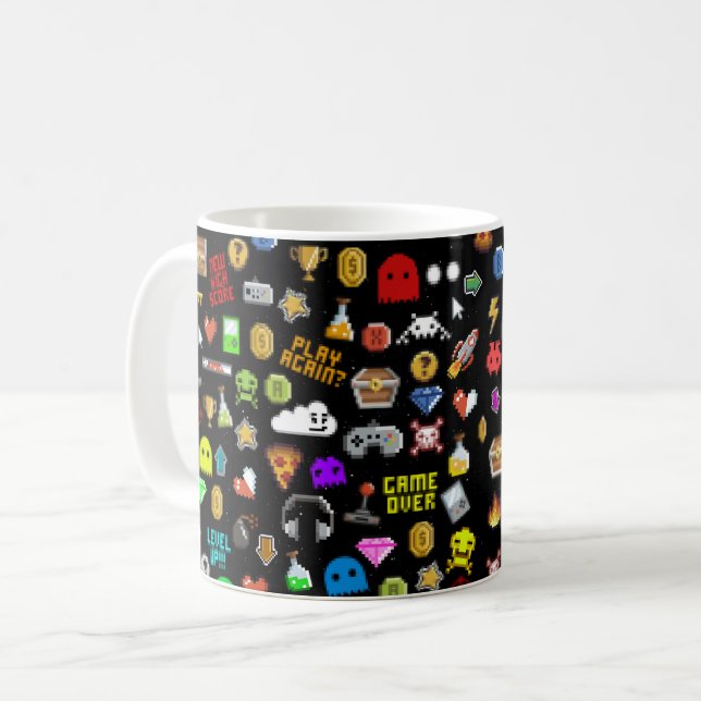 Caneca De Café Ícones de jogos de vídeo com Pixel retrorado do jo (Frente Esquerda)