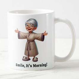 Caneca De Café Idoso Alegre em um Robe Aconchegante