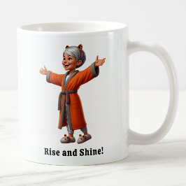 Caneca De Café Idoso Alegre em um Robe Aconchegante