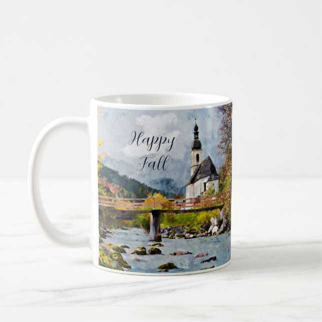 Caneca De Café Igreja de outono e árvores com texto personalizáve (Esquerda)