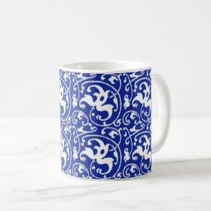 Caneca De Café Ikat Floral Damask - Cobalto Azul e Branco