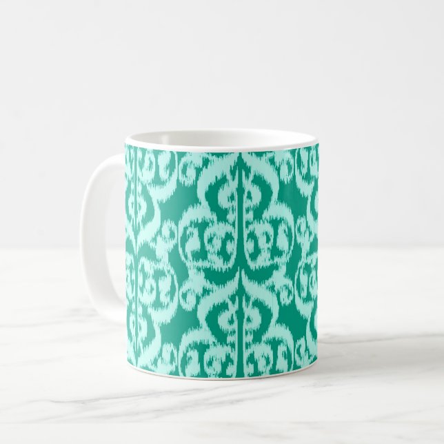 Caneca De Café Ikat Moorish Damask - pavão e aqua (Frente Esquerda)