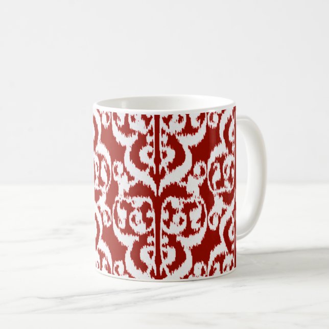 Caneca De Café Ikat Moorish Damask - vermelho-escuro e branco (Frente Esquerda)