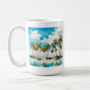 Caneca De Café Ilha Ensolarada Aquarela Palmeiras Praia v4