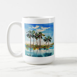 Caneca De Café Ilha Tropical do Caribe Palmeiras Aquarela v1