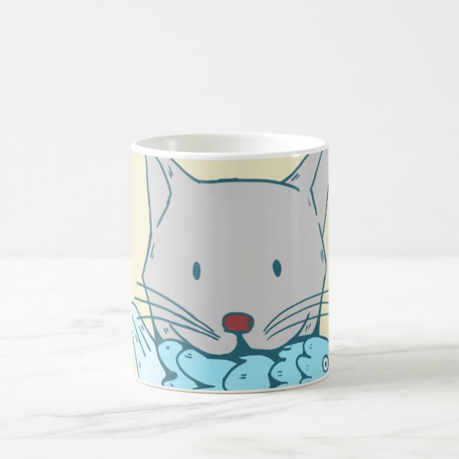 Caneca De Café Illustration of a cat eating fish.  (Centro)