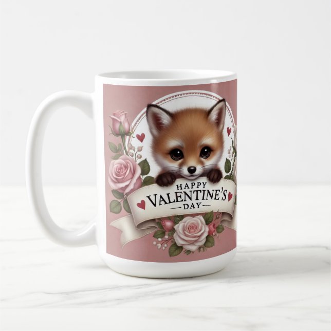 Caneca De Café Ilustração Adorável de Raposa com Rosas (Esquerda)
