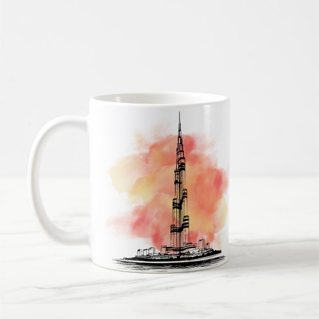Caneca De Café Ilustração Burj Khalifa com Aquecimento de Aquarel (Esquerda)