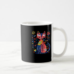 Caneca De Café Ilustração Colorida De Gato De Arte Folclórica Com