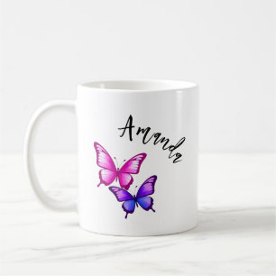 Caneca De Café Ilustração da borboleta rosa e roxa com nome